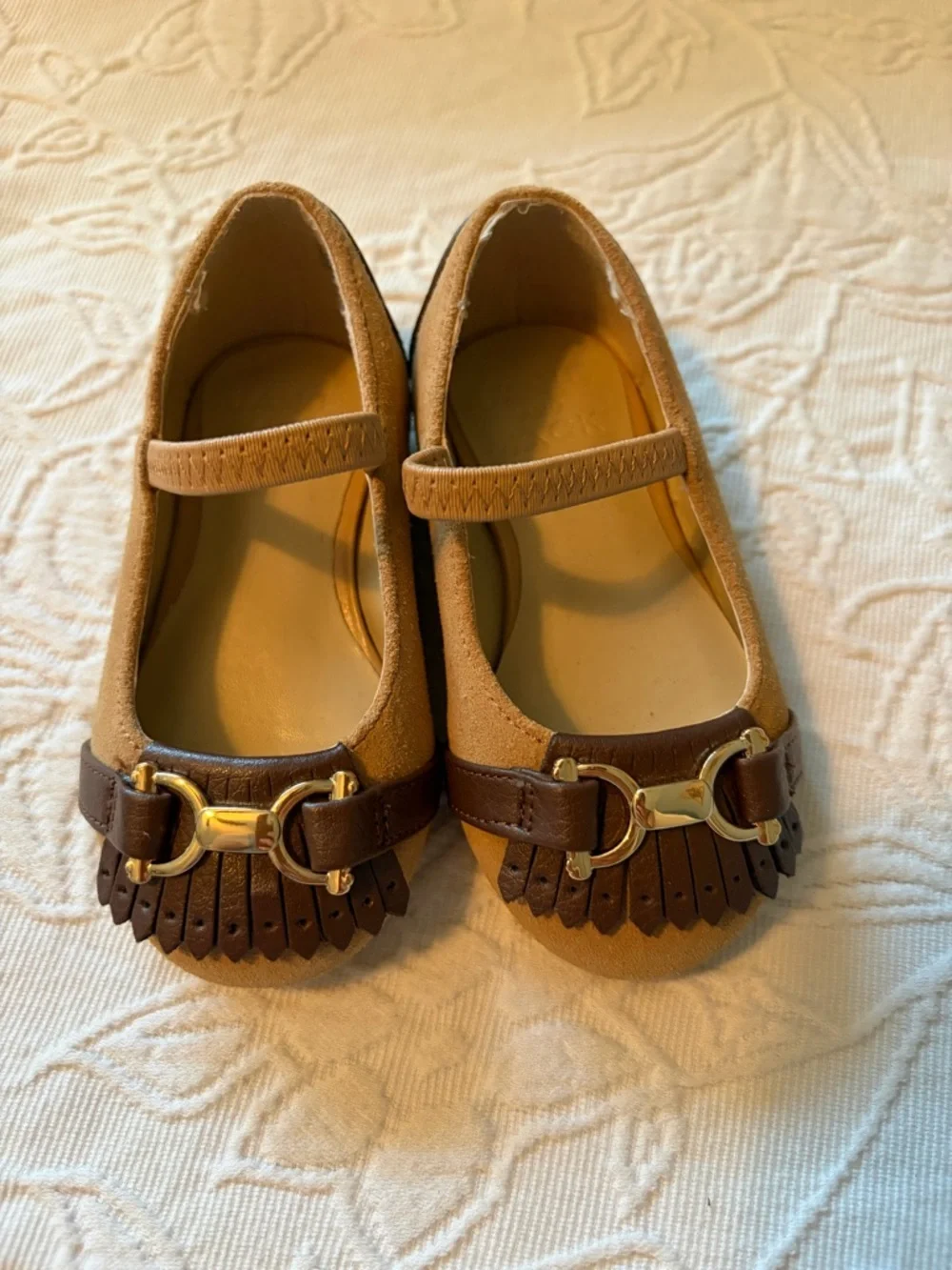 Janie and Jack 5 Girls Tan Mary Jane Fringe Flats with Brown Accent